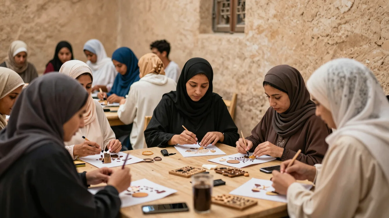 Moroccan women participating in a collaborative craft and enterprise training workshop, warm earthy tones.