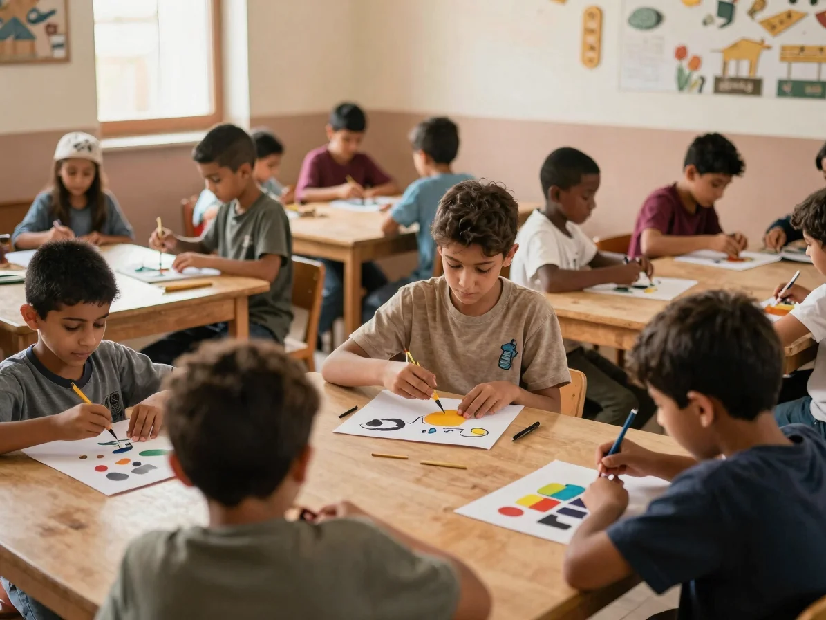 Authentic photography of Moroccan children engaged in creative ed
