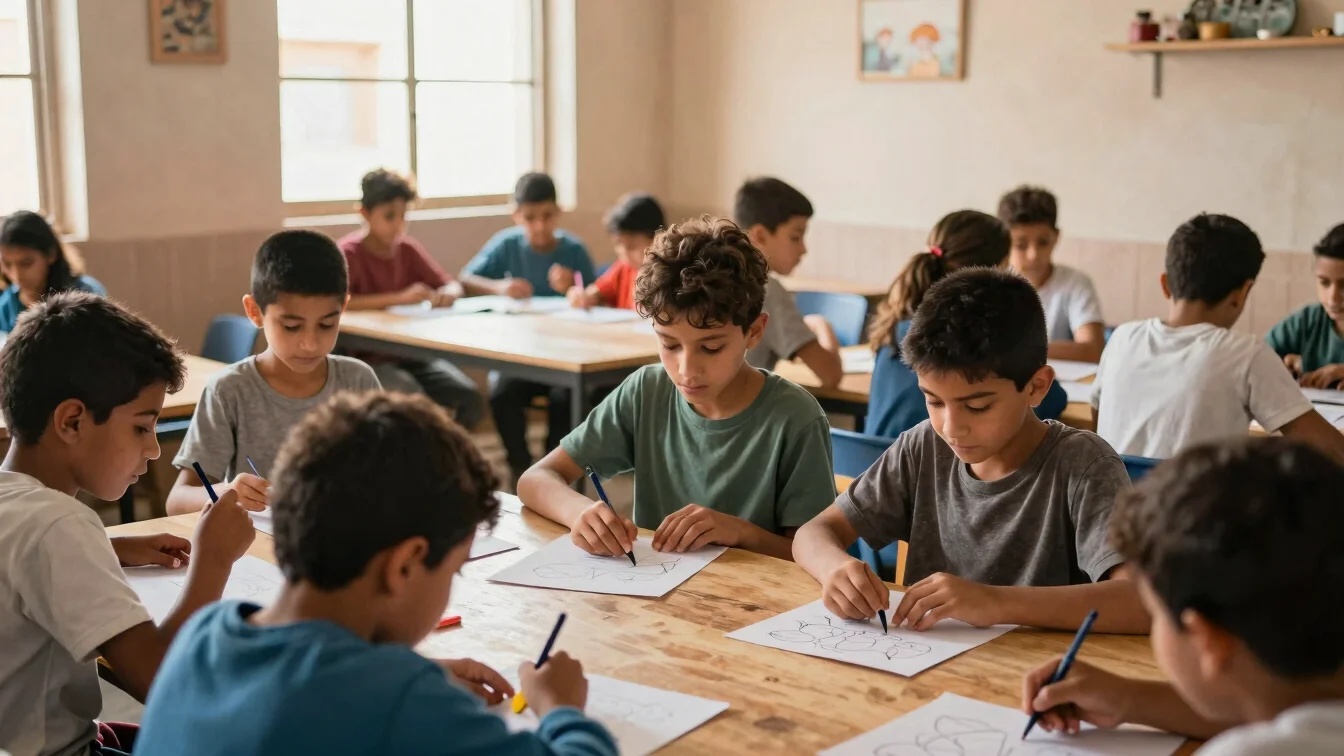 Moroccan children in a creative educational workshop, learning through interactive activities, bright natural light.