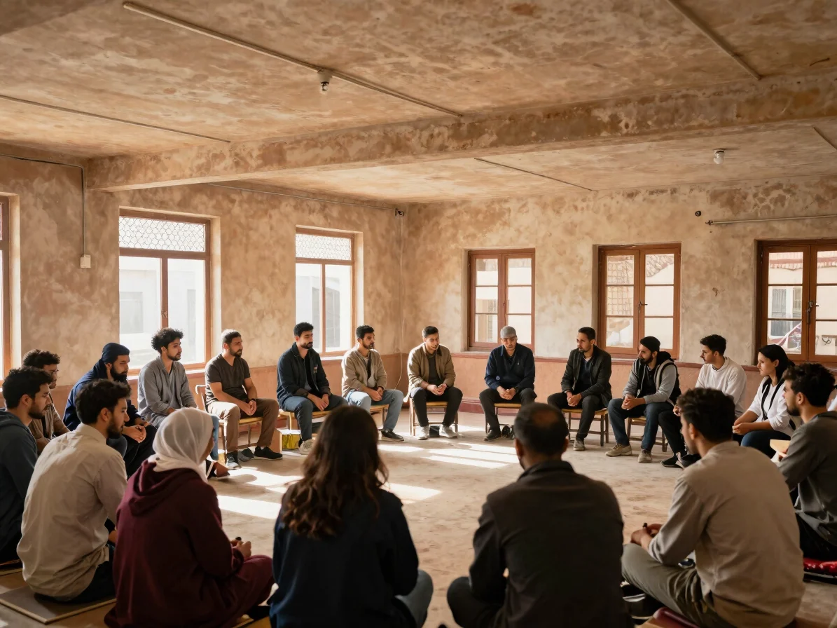 Wide panoramic Moroccan educational training center room, natural
